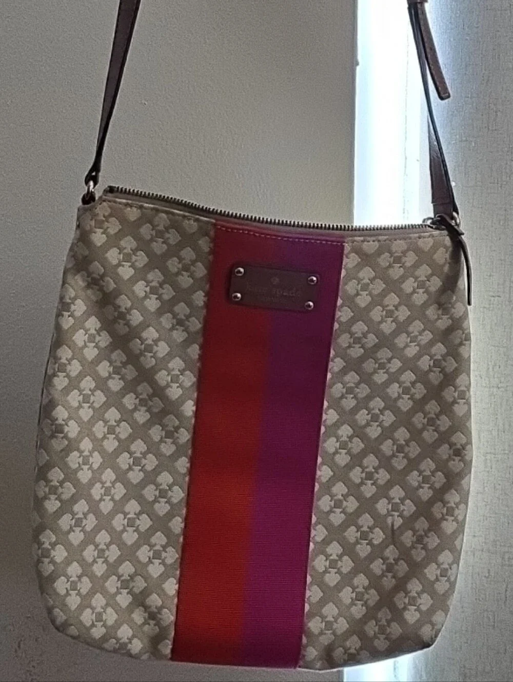 kate spade Beige Crossbody with Pink and Red Center Stripe